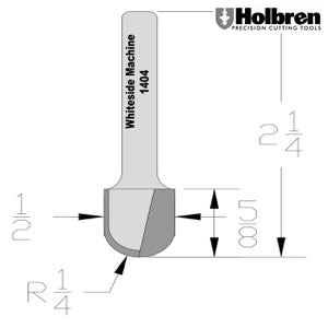 Whiteside 1404 Round Nose Router Bit 1/4" Radius 1/2" Cutting Diameter 5/8" Cut Length 1/4" Shank 2 Flute