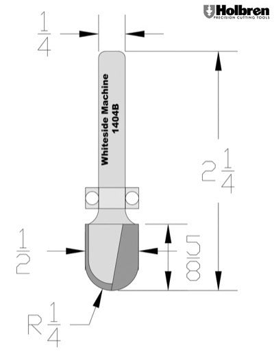 Whiteside 1404B Round Nose Router Bit w/Bearing Guide 1/4" Radius 1/2" Cutting Diameter 5/8" Cut Length 1/4" Shank 2 Flute