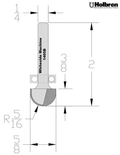 Whiteside 1405B Round Nose w/Bearing Guide 5/16" Radius 5/8" Cutting Diameter 3/8" Cut Length 1/4" Shank 2 Flute