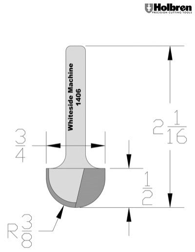 Whiteside 1406 Round Nose Router Bit 3/8" Radius 3/4" Cutting Diameter 7/16" Cut Length 1/4" Shank 2 Flute