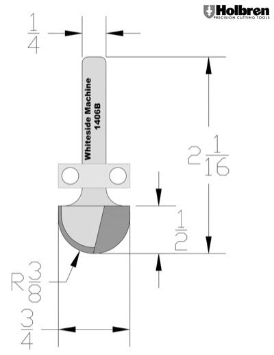 Whiteside 1406B Round Nose Router Bit w/Bearing Guide 3/8" Radius 3/4" Cutting Diameter 7/16" Cut Length 1/4" Shank 2 Flute