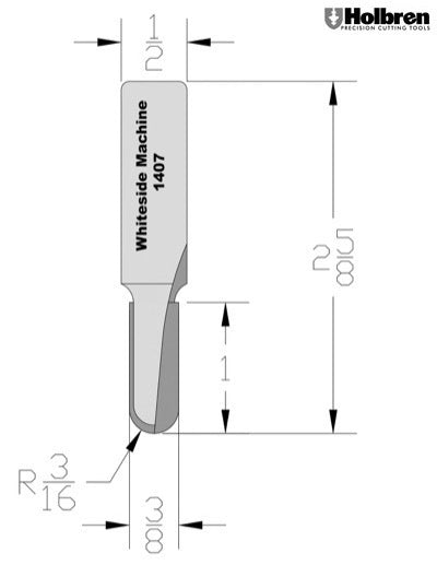 Whiteside 1407 Round Nose Router Bit 3/16" Radius 3/8" Cutting Diameter 1" Cut Length 1/2" Shank 2 Flute