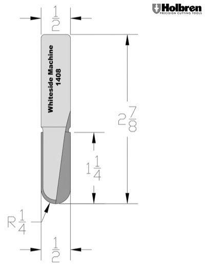 Whiteside 1408 Round Nose Router Bit 1/4" Radius 1/2" Cutting Diameter 1-1/4" Cut Length 1/2" Shank 2 Flute