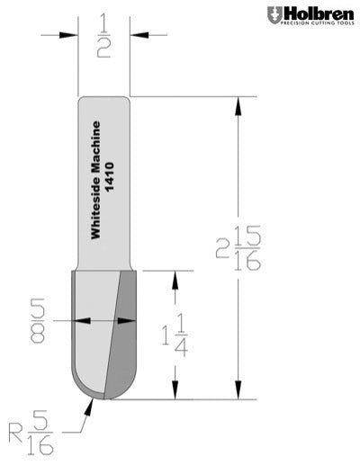 Whiteside 1410 Round Nose Router Bit 5/16" Radius 5/8" Cutting Diameter 1-1/4" Cut Length 1/2" Shank 2 Flute