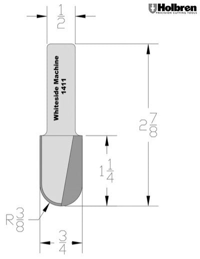 Whiteside 1411 Round Nose Router Bit 3/8" Radius 3/4" Cutting Diameter 1-1/4" Cut Length 1/2" Shank 2 Flute