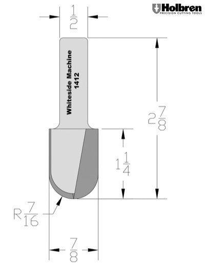 Whiteside 1412 Round Nose Router Bit 7/16" Radius 7/8" Cutting Diameter 1-1/4" Cut Length 1/2" Shank 2 Flute