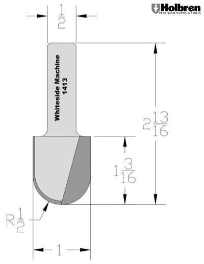 Whiteside 1413 Round Nose Router Bit 1/2" Radius 1" Cutting Diameter 1-1/4" Cut Length 1/2" Shank 2 Flute