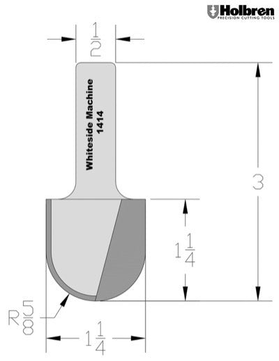 Whiteside 1414 Round Nose Router Bit 5/8" Radius 1-1/4" Cutting Diameter 1-1/4" Cut Length 1/2" Shank 2 Flute