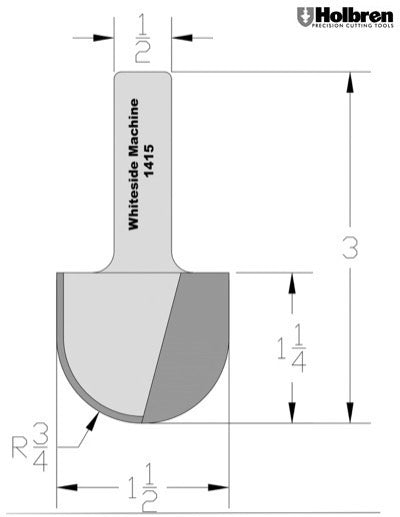 Whiteside 1415 Round Nose Router Bit 3/4" Radius 1-1/2" Cutting Diameter 1-1/4" Cut Length 1/2" Shank 2 Flute