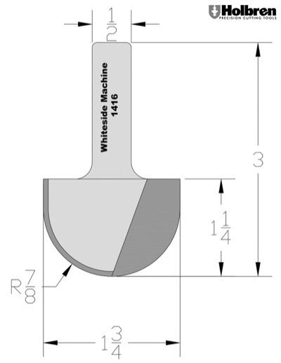 Whiteside 1416 Round Nose Router Bit 7/8" Radius 1-3/4" Cutting Diameter 1-1/4" Cut Length 1/2" Shank 2 Flute