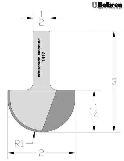 Whiteside 1417 Round Nose Router Bit 1" Radius 2" Cutting Diameter 1-1/4" Cut Length 1/2" Shank 2 Flute