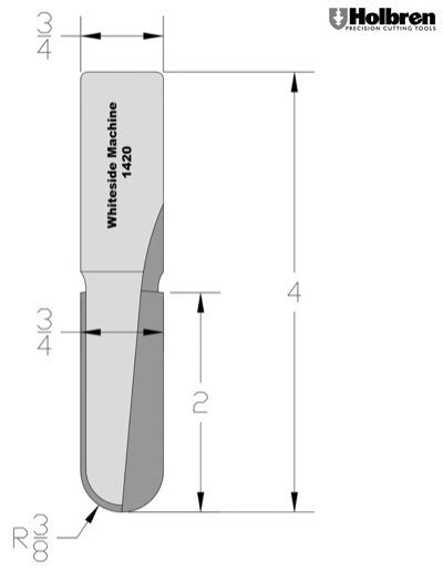 Whiteside 1420 Round Nose Router Bit 3/8" Radius 3/4" Cutting Diameter 2" Cut Length 3/4" Shank 2 Flute