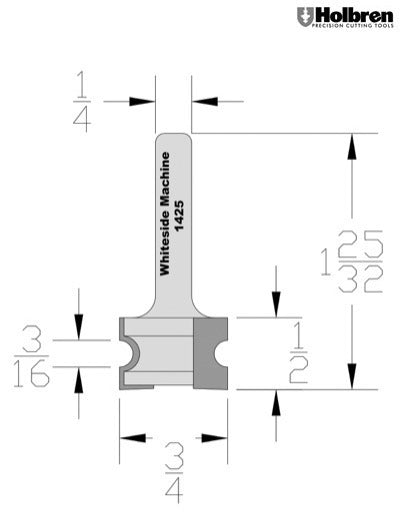 Whiteside 1425 Half Round Router Bit 3/32" Radius 1/2" Cut Length 1/4" Shank 2 Flute