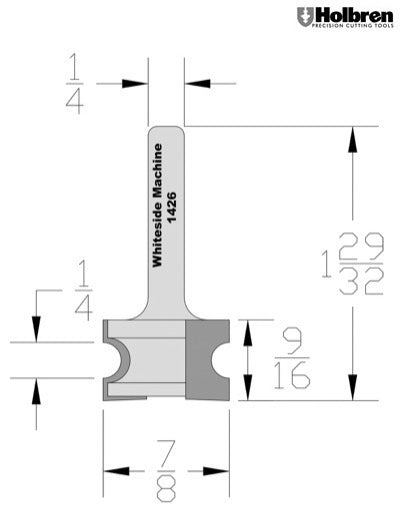 Whiteside 1426 Half Round Router Bit 1/8" Radius 9/16" Cut Length 1/4" Shank 2 Flute