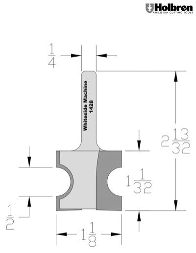 Whiteside 1428 Half Round Router Bit 1/4" Radius 1" Cut Length 1/4" Shank 2 Flute