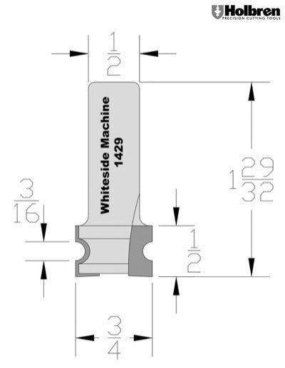 Whiteside 1429 Half Round Router Bit 3/32" Radius 1/2" Cut Length 1/2" Shank 2 Flute