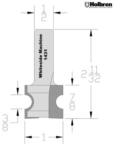 Whiteside 1431 Half Round Router Bit 3/16" Radius 7/8" Cut Length 1/2" Shank 2 Flute