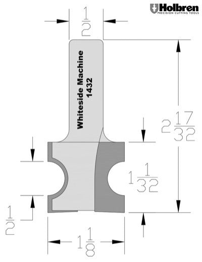 Whiteside 1432 Half Round Router Bit 1/4" Radius 1" Cut Length 1/2" Shank 2 Flute