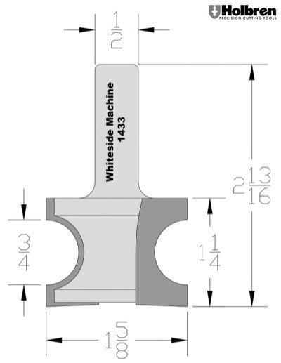 Whiteside 1433 Half Round Router Bit 3/8" Radius 1-1/4" Cut Length 1/2" Shank 2 Flute