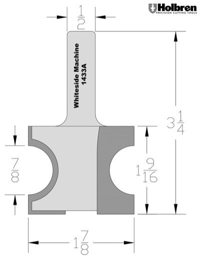 Whiteside 1433A Half Round Router Bit 7/16" Radius 1-1/2" Cut Length 1/2" Shank 2 Flute