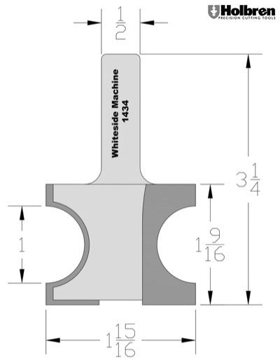 Whiteside 1434 Half Round Router Bit 1/2" Radius 1-1/2" Cut Length 1/2" Shank 2 Flute