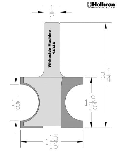 Whiteside 1434A Half Round Router Bit 9/16" Radius 1-1/2" Cut Length 1/2" Shank 2 Flute