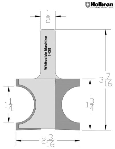 Whiteside 1435 Half Round Router Bit 5/8" Radius 1-3/4" Cut Length 1/2" Shank 2 Flute
