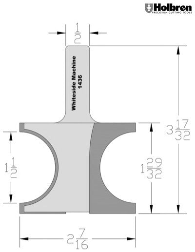 Whiteside 1436 Half Round Router Bit 3/4" Radius 1-7/8" Cut Length 1/2" Shank 2 Flute