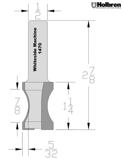 Whiteside 1470 Oval Edge Router Bit 7/8" Bead 5/32" Depth 1-1/4" Cut Length 1/2" Shank 2 Flute