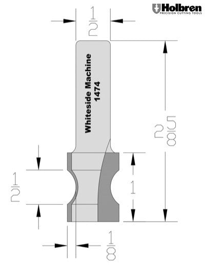 Whiteside 1474 Oval Edge Router Bit 1/2" Bead 1/8" Depth 1" Cut Length 1/2" Shank 2 Flute