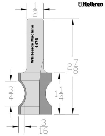 Whiteside 1476 Oval Edge Router Bit 3/4" Bead 3/16" Depth 1-1/4" Cut Length 1/2" Shank 2 Flute
