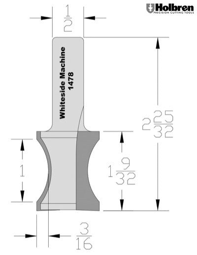 Whiteside 1478 Oval Edge Router Bit 1" Bead 3/16" Depth 1-1/4" Cut Length 1/2" Shank 2 Flute