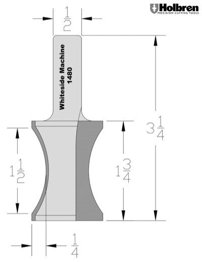 Whiteside 1480 Oval Edge Router Bit 1-1/2" Bead 1/4" Depth 1-3/4" Cut Length 1/2" Shank 2 Flute