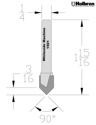 Whiteside 1501 V-Groove Router 90 Degree 3/8" Cutting Diameter 3/16" Point Length 1/4" Shank 2 Flute