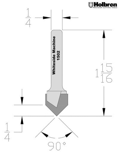 Whiteside 1502 V-Groove Router Bit 90 Degree 1/2" Cutting Diameter 1/4" Point Length 1/4" Shank 2 Flute
