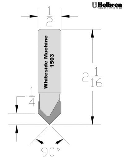 Whiteside 1503 V-Groove Router Bit 90 Degree 1/2" Cutting Diameter 1/4" Point Length 1/2" Shank 2 Flute
