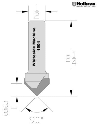 Whiteside 1504 V-Groove Router Bit 90 Degree 3/4" Cutting Diameter 3/8" Point Length 1/2" Shank 2 Flute
