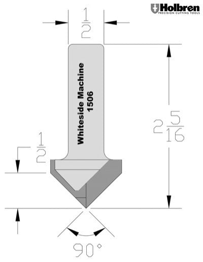 Whiteside 1506 V-Groove Router Bit 90 Degree 1" Cutting Diameter 1/2" Point Length 1/2" Shank 2 Flute