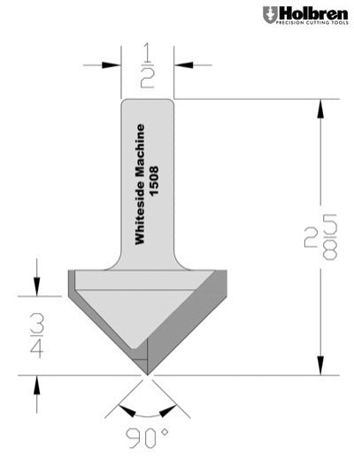 Whiteside 1508 V-Groove Router Bit 90 Degree 1-1/2" Cutting Diameter 3/4" Point Length 1/2" Shank 2 Flute
