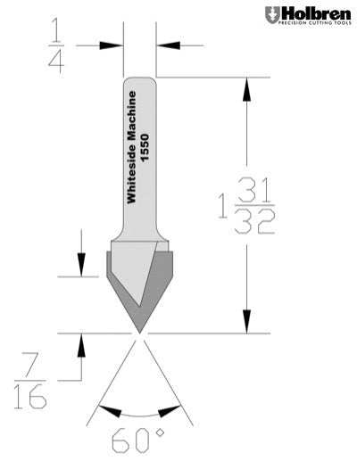 Whiteside 1550 V-Groove Router Bit 60 Degree 1/2" Cutting Diameter 7/16" Point Length 1/4" Shank 2 Flute