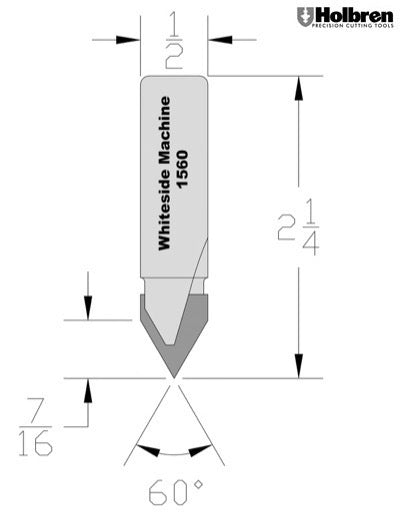 Whiteside 1560 V-Groove Router Bit 60 Degree 1/2" Cutting Diameter 7/16" Point Length 1/2" Shank 2 Flute