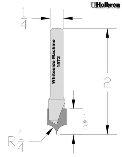 Whiteside 1572 Point Cutting Roundover Router Bit 1/4" Radius 1/2" Cutting Diameter 1/2" Cut Length 1/4" Shank 2 Flute