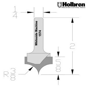 Whiteside 1574 Point Cutting Roundover Router Bit 3/8" Radius 3/4" Cutting Diameter 5/8" Cut Length 1/4" Shank 2 Flute