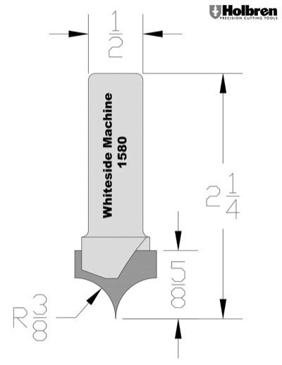 Whiteside 1580 Point Cutting Roundover Router Bit 3/8" Radius 3/4" Cutting Diameter 5/8" Cut Length 1/2" Shank 2 Flute