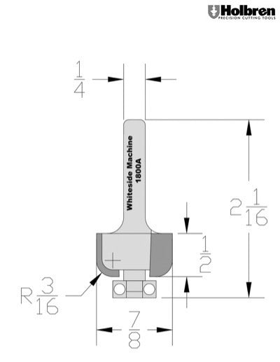Whiteside 1800A Cove Router Bit 3/16 Radius 7/8" Large Diameter 1/2" Cut Length 1/4" Shank 2 Flute