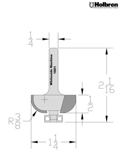Whiteside 1801 Cove Router Bit 3/8" Radius 1-1/4" Large Diameter 1/2" Cut Length 1/4" Shank 2 Flute