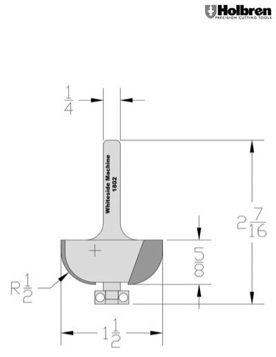 Whiteside 1802 Cove Router Bit 1/2" Radius 1-1/2" Large Diameter 5/8" Cut Length 1/4" Shank 2 Flute