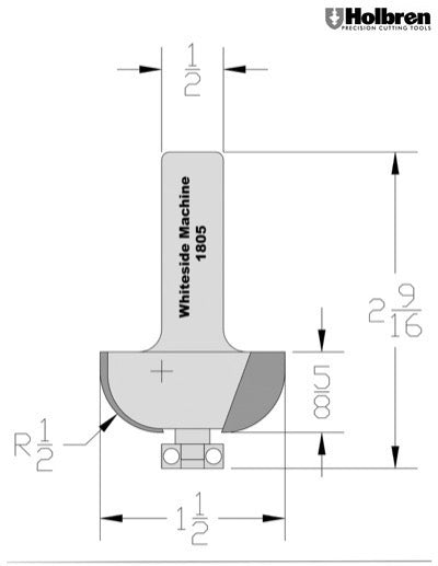 Whiteside 1805 Cove Router Bit 1/2" Radius 1-1/2" Large Diameter 5/8" Cut Length 1/2" Shank 2 Flute