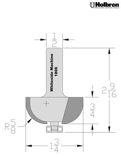 Whiteside 1806 Cove Router Bit 5/8" Radius 1-3/4" Large Diameter 3/4" Cut Length 1/2" Shank 2 Flute