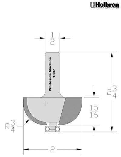 Whiteside 1807 Cove Router Bit 3/4" Radius 2" Large Diameter 7/8" Cut Length 1/2" Shank 2 Flute